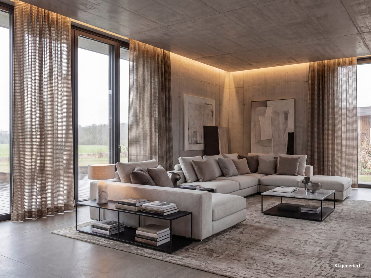 Stoff Avenoir. Ein Bild im Wohnzimmer im Industrial Style.Im Fokus steht der Vorhang.